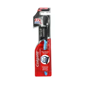 Slim fit charcoal toothbrush with soft bristles.