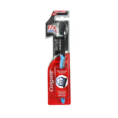 Slim fit charcoal toothbrush with soft bristles.