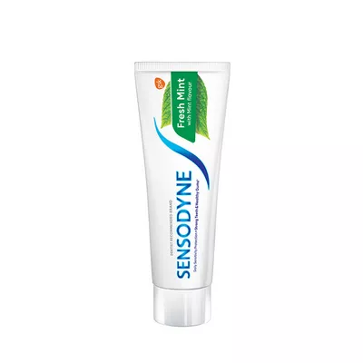Compact fresh mint toothpaste for sensitivity.
