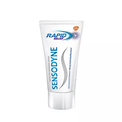 Compact rapid relief toothpaste for sensitivity.